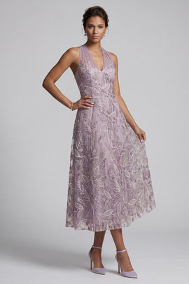 Sparkly Lilac A-Line Halter Floral Beaded Midi Mother of the Bride Dress