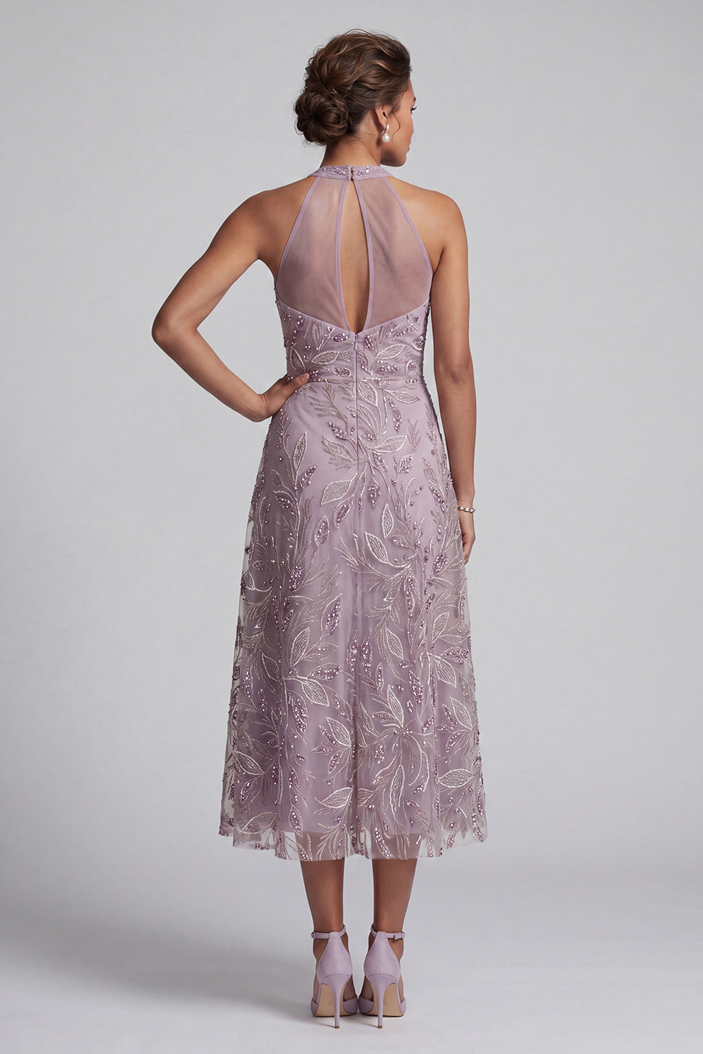 Sparkly Lilac A-Line Halter Floral Beaded Midi Mother of the Bride Dress
