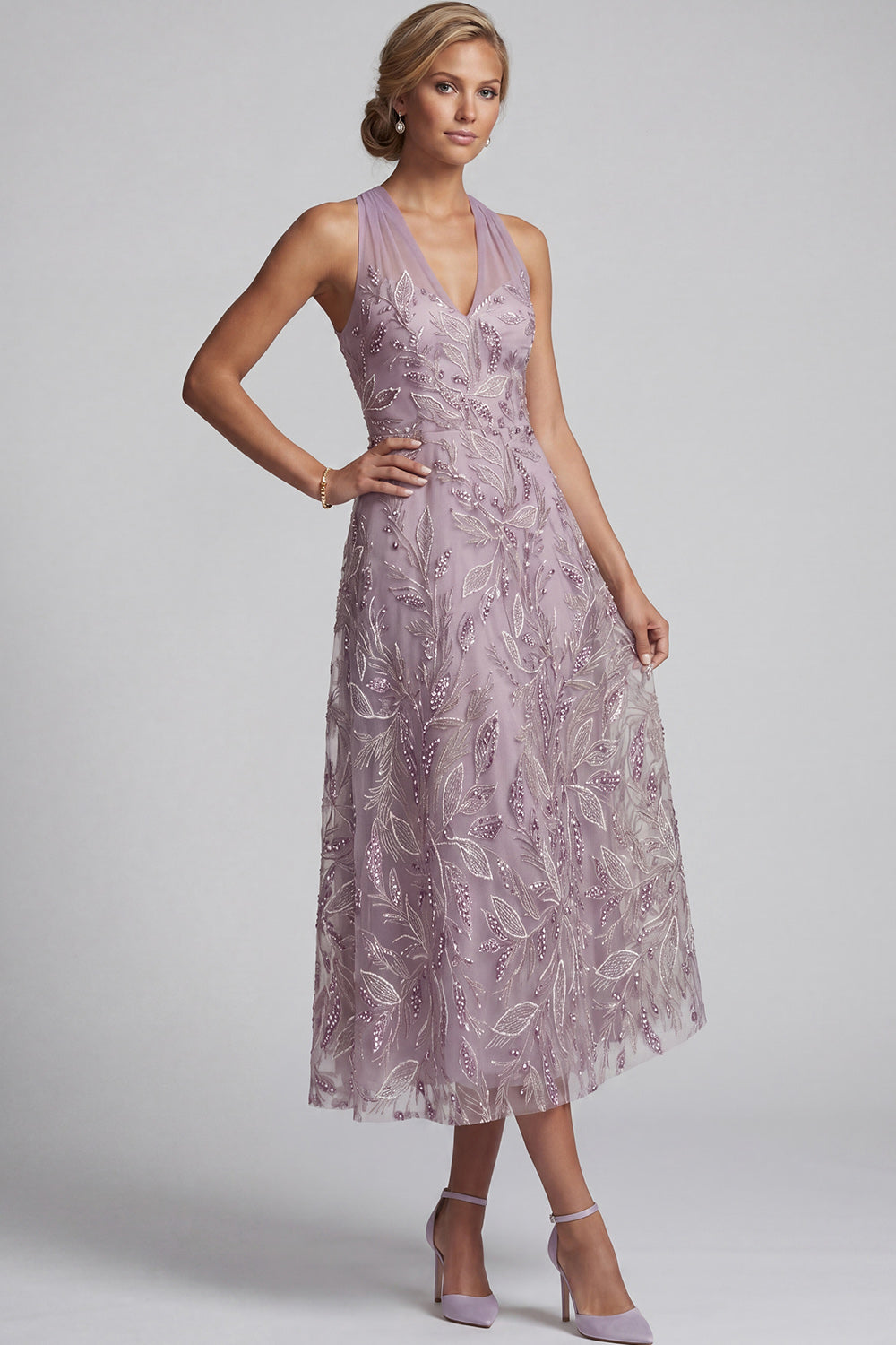 Sparkly Lilac A-Line Halter Floral Beaded Midi Mother of the Bride Dress