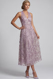 Sparkly Lilac A-Line Halter Floral Beaded Midi Mother of the Bride Dress