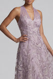 Sparkly Lilac A-Line Halter Floral Beaded Midi Mother of the Bride Dress
