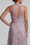 Sparkly Lilac A-Line Halter Floral Beaded Midi Mother of the Bride Dress