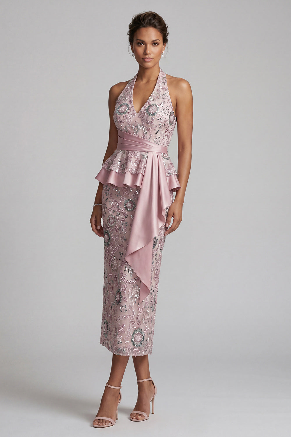 Sparkly Light Pink Floral Sequin Halter Ruffled Midi Mother of the Bride Dress with Sash