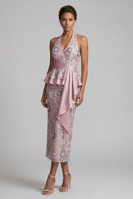 Sparkly Light Pink Floral Sequin Halter Ruffled Midi Mother of the Bride Dress with Sash
