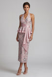 Sparkly Light Pink Floral Sequin Halter Ruffled Midi Mother of the Bride Dress with Sash