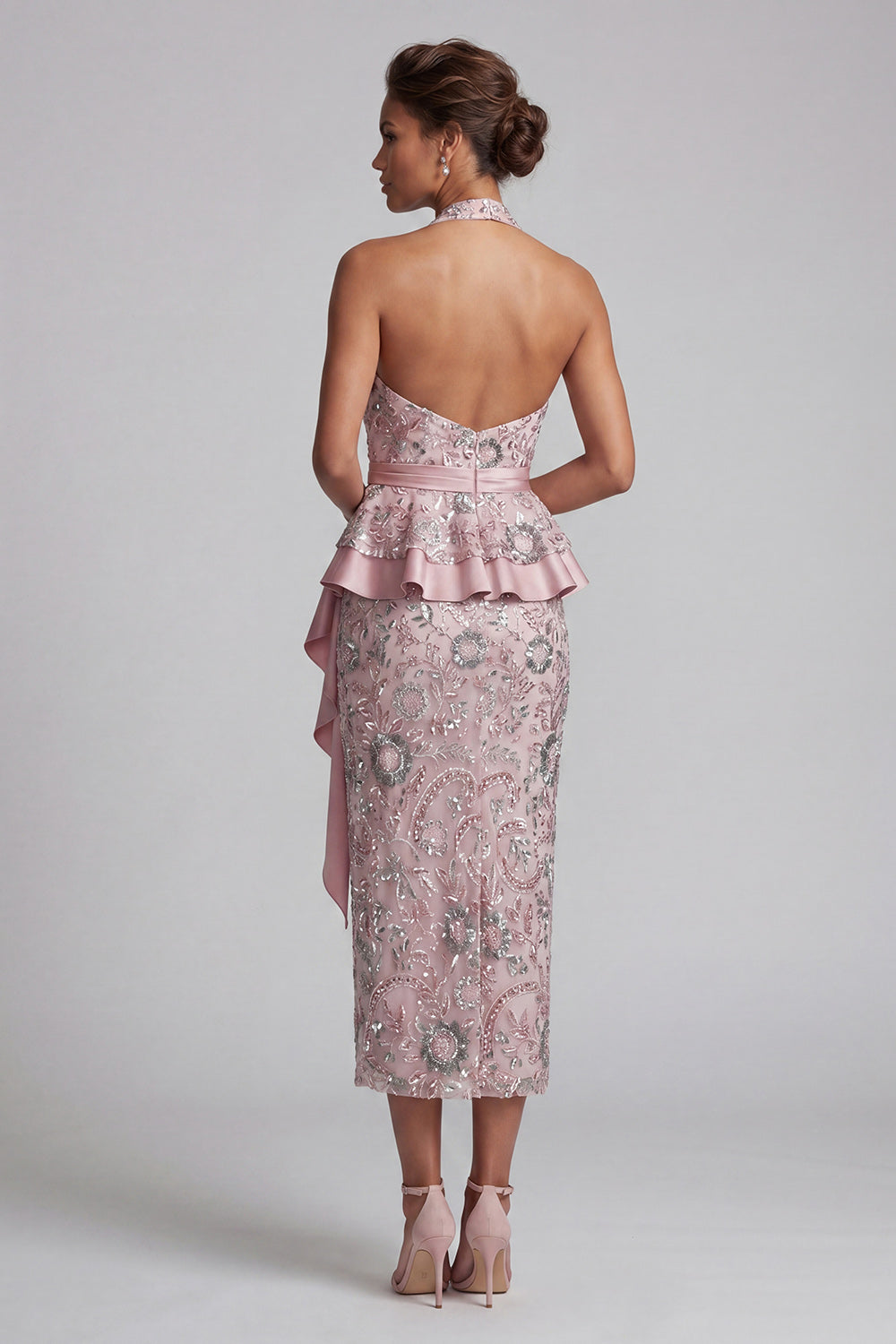 Sparkly Light Pink Floral Sequin Halter Ruffled Midi Mother of the Bride Dress with Sash
