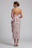 Sparkly Light Pink Floral Sequin Halter Ruffled Midi Mother of the Bride Dress with Sash