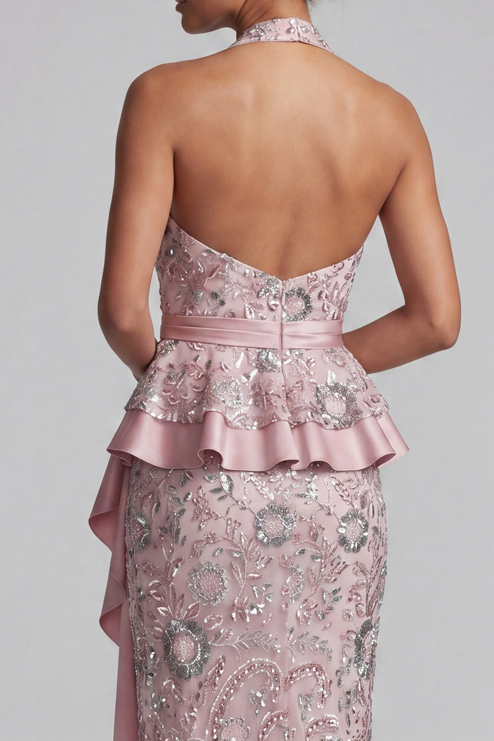 Sparkly Light Pink Floral Sequin Halter Ruffled Midi Mother of the Bride Dress with Sash