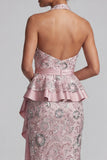 Sparkly Light Pink Floral Sequin Halter Ruffled Midi Mother of the Bride Dress with Sash