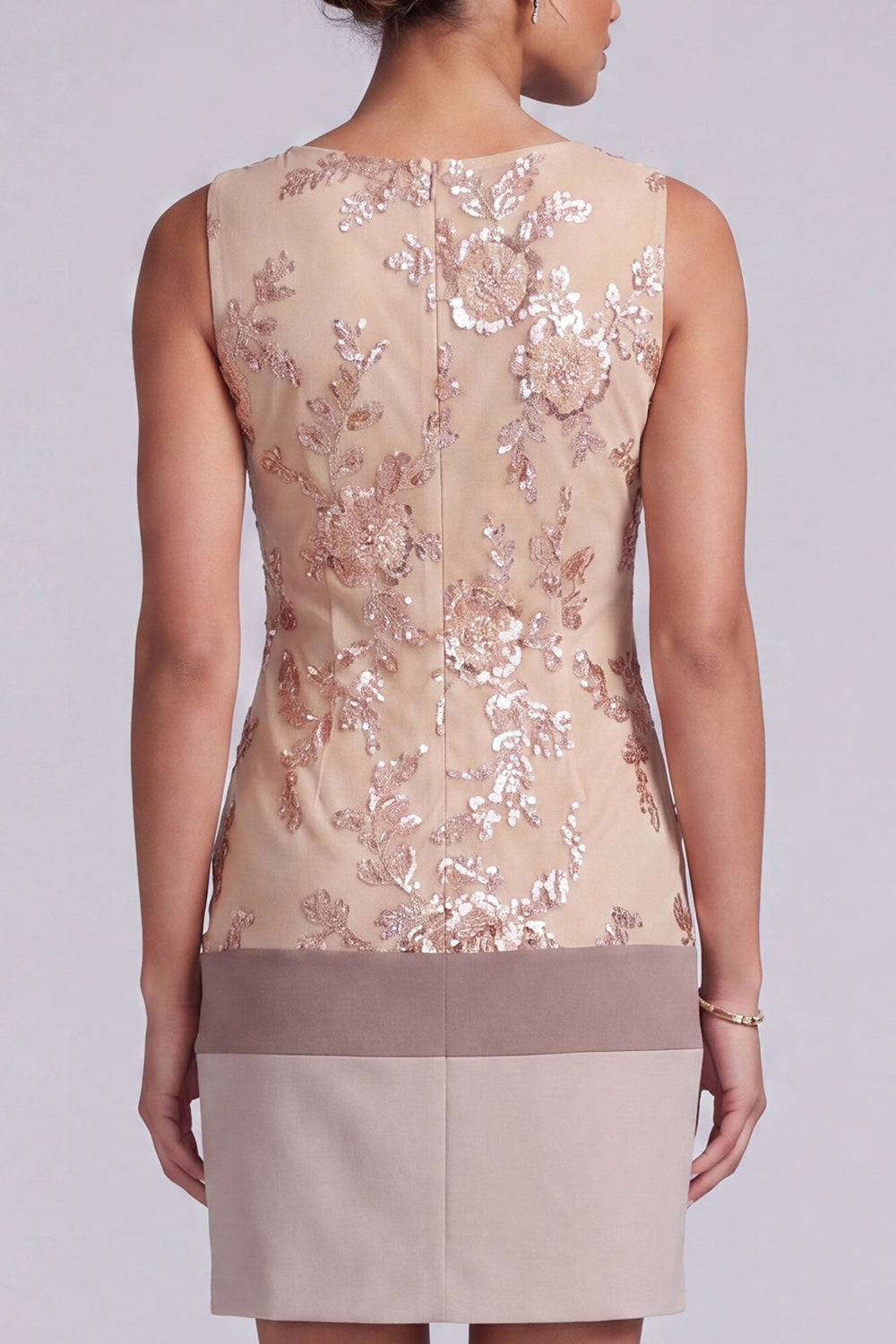 Champagne Floral Sequin Bodycon Bateau Neck Short Mother of the Bride Dress