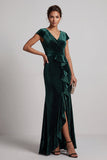 Dark Green Velvet V-Neck Beaded Ruffled Long Mother of the Bride Dress with Sleeves