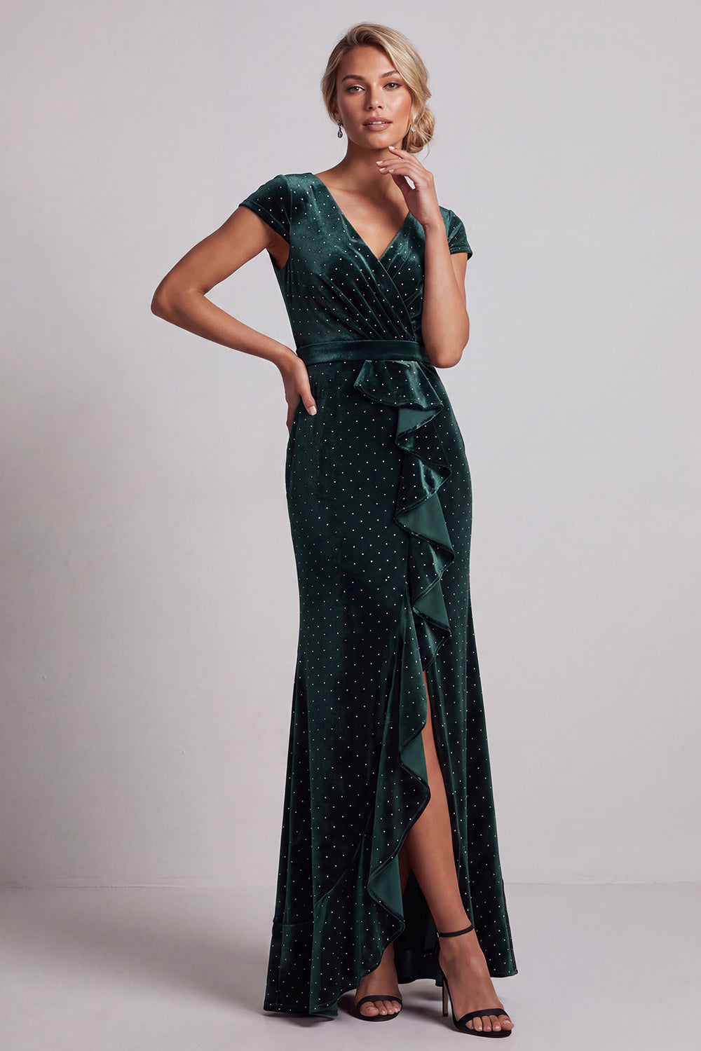 Dark Green Velvet V-Neck Beaded Ruffled Long Mother of the Bride Dress with Sleeves
