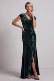Dark Green Velvet V-Neck Beaded Ruffled Long Mother of the Bride Dress with Sleeves