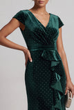 Dark Green Velvet V-Neck Beaded Ruffled Long Mother of the Bride Dress with Sleeves