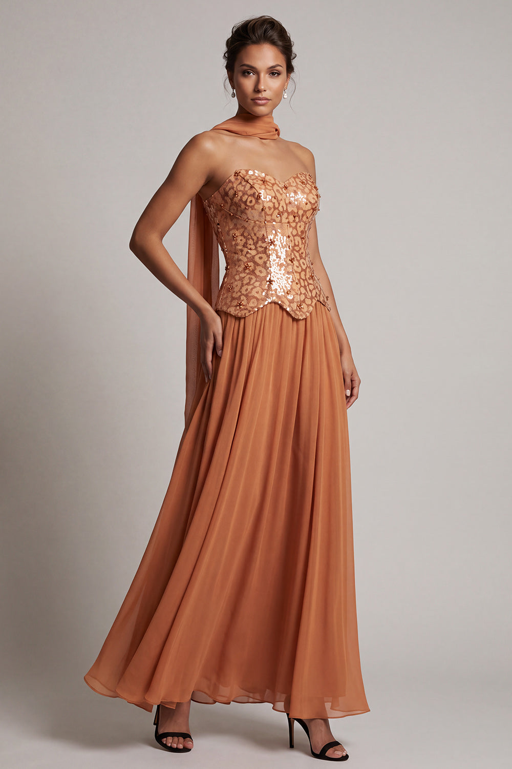 Bronzer Corset Chiffon Sequin A-Line Maxi Mother of the Bride Dress with Neck Scarf
