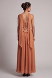 Bronzer Corset Chiffon Sequin A-Line Maxi Mother of the Bride Dress with Neck Scarf