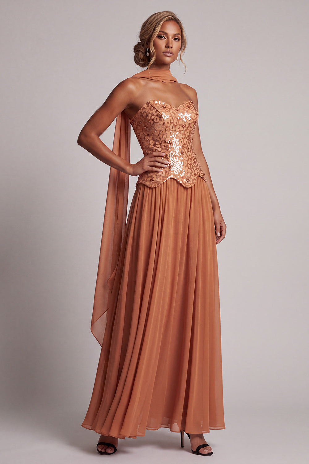 Bronzer Corset Chiffon Sequin A-Line Maxi Mother of the Bride Dress with Neck Scarf