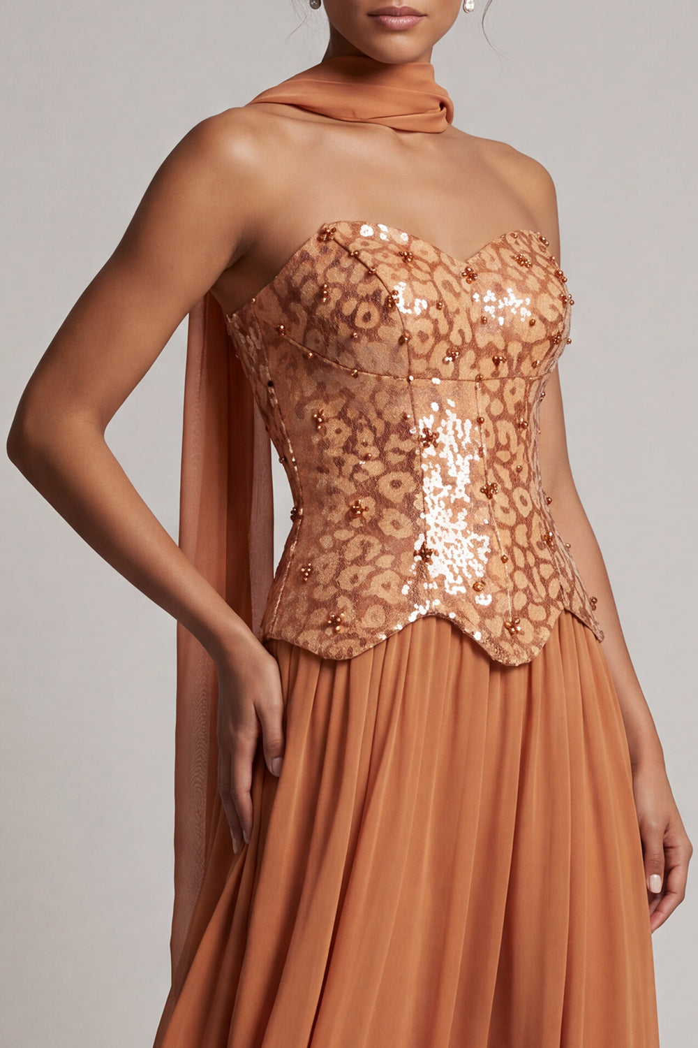 Bronzer Corset Chiffon Sequin A-Line Maxi Mother of the Bride Dress with Neck Scarf