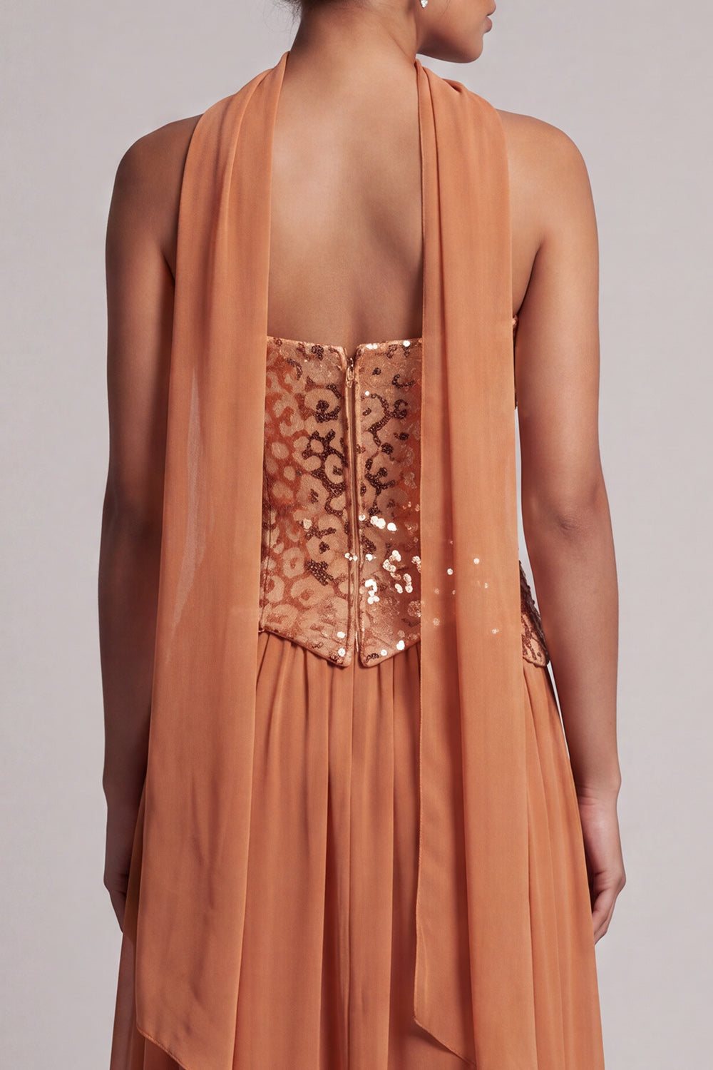 Bronzer Corset Chiffon Sequin A-Line Maxi Mother of the Bride Dress with Neck Scarf
