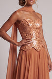 Bronzer Corset Chiffon Sequin A-Line Maxi Mother of the Bride Dress with Neck Scarf