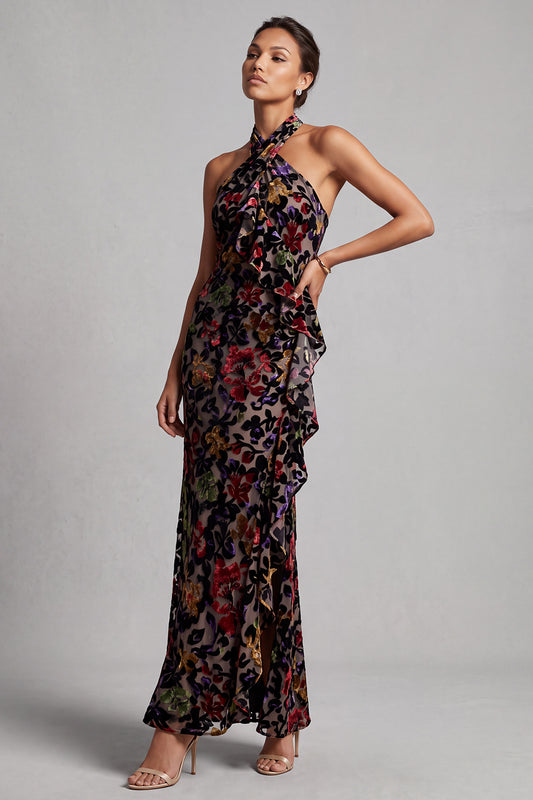 Black Sheath Halter Maxi Floral Mother of the Bride Dress with Ruffles