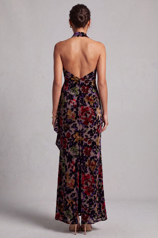 Black Sheath Halter Maxi Floral Mother of the Bride Dress with Ruffles