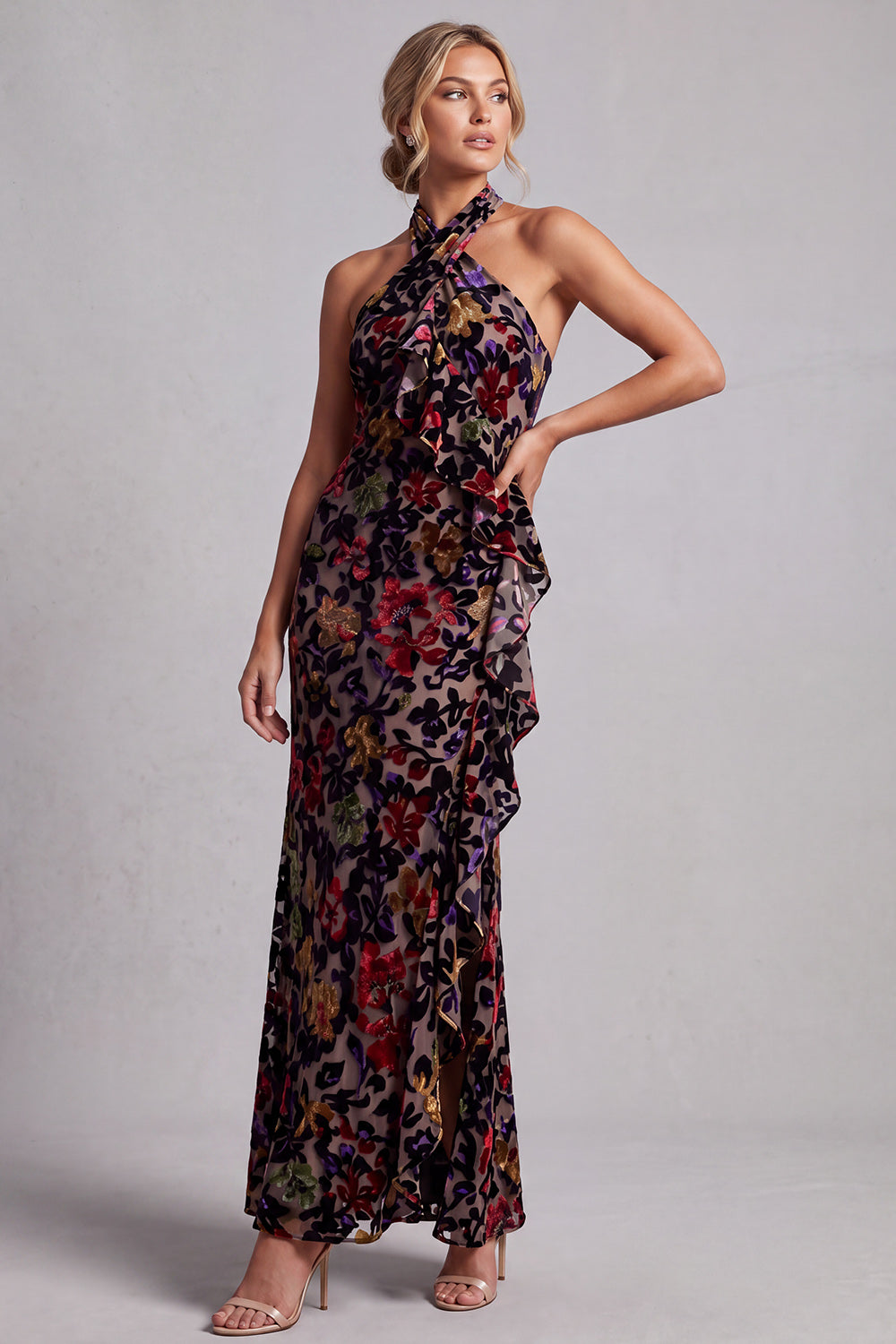 Black Sheath Halter Maxi Floral Mother of the Bride Dress with Ruffles