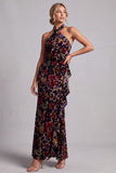Black Sheath Halter Maxi Floral Mother of the Bride Dress with Ruffles