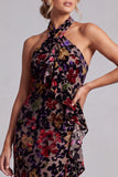 Black Sheath Halter Maxi Floral Mother of the Bride Dress with Ruffles