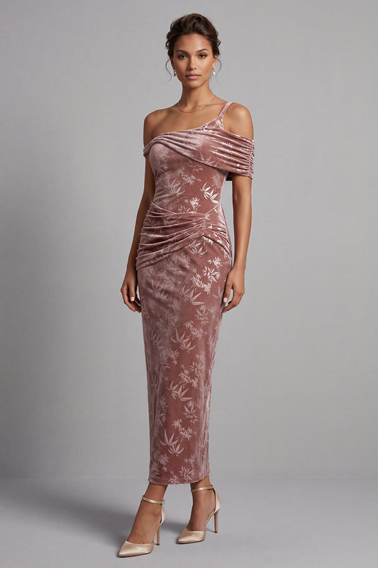 Desert Rose Sheath Velvet Ruched Maxi Floral Mother of the Bride Dress