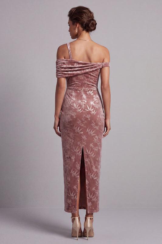 Desert Rose Sheath Velvet Ruched Maxi Floral Mother of the Bride Dress