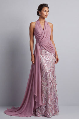 Wisteria Sequin Mermaid Halter Ruched Long Mother of the Bride Dress with Side Cape