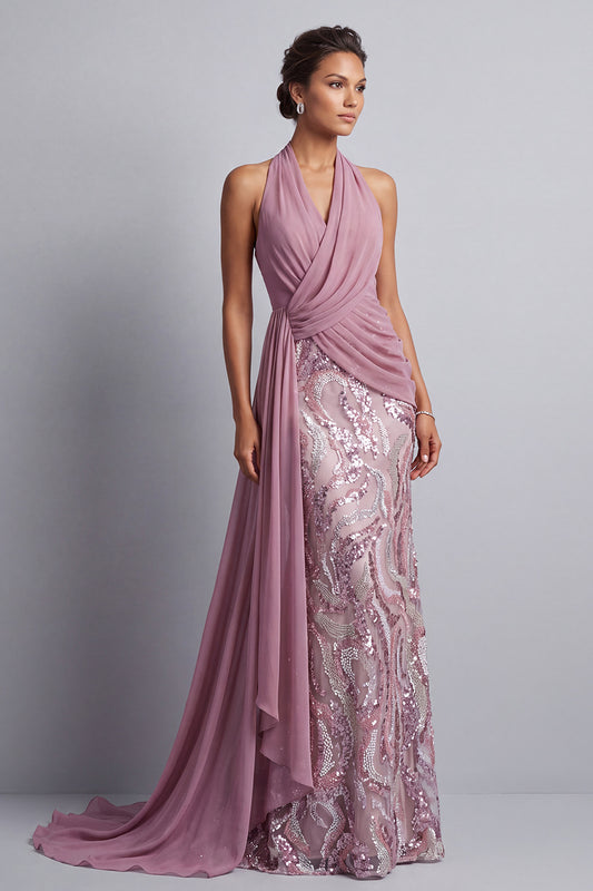 Wisteria Sequin Mermaid Halter Ruched Long Mother of the Bride Dress with Side Cape