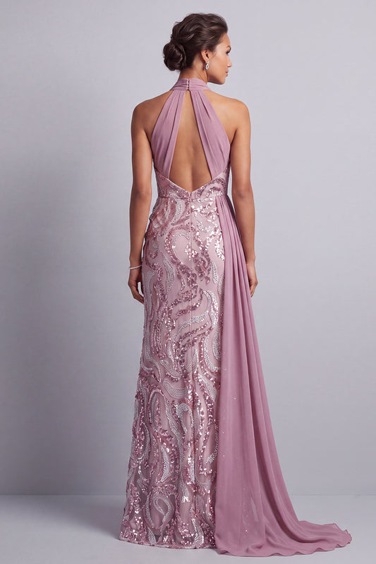 Wisteria Sequin Mermaid Halter Ruched Long Mother of the Bride Dress with Side Cape