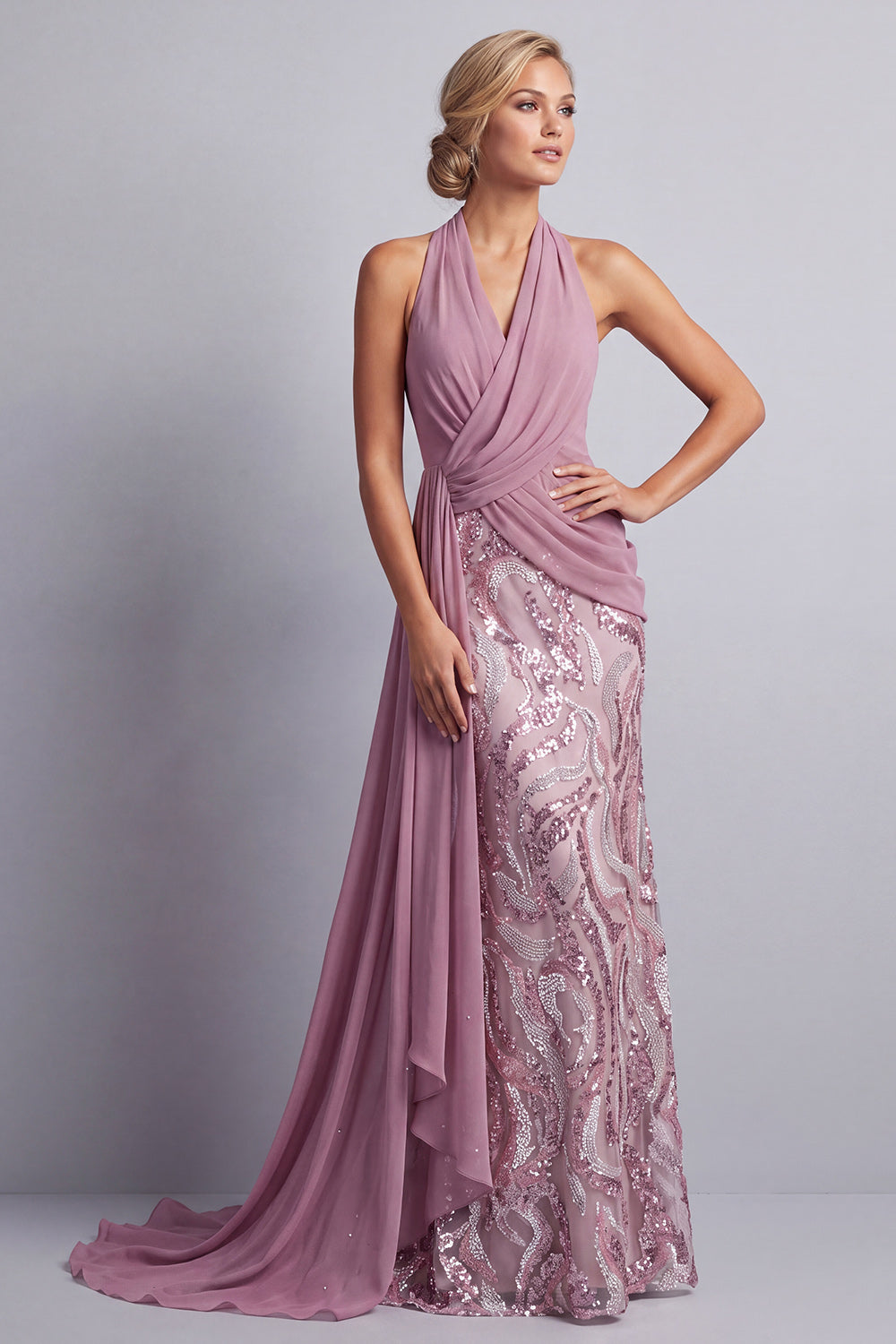 Wisteria Sequin Mermaid Halter Ruched Long Mother of the Bride Dress with Side Cape