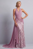 Wisteria Sequin Mermaid Halter Ruched Long Mother of the Bride Dress with Side Cape