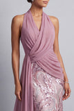 Wisteria Sequin Mermaid Halter Ruched Long Mother of the Bride Dress with Side Cape