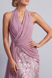 Wisteria Sequin Mermaid Halter Ruched Long Mother of the Bride Dress with Side Cape