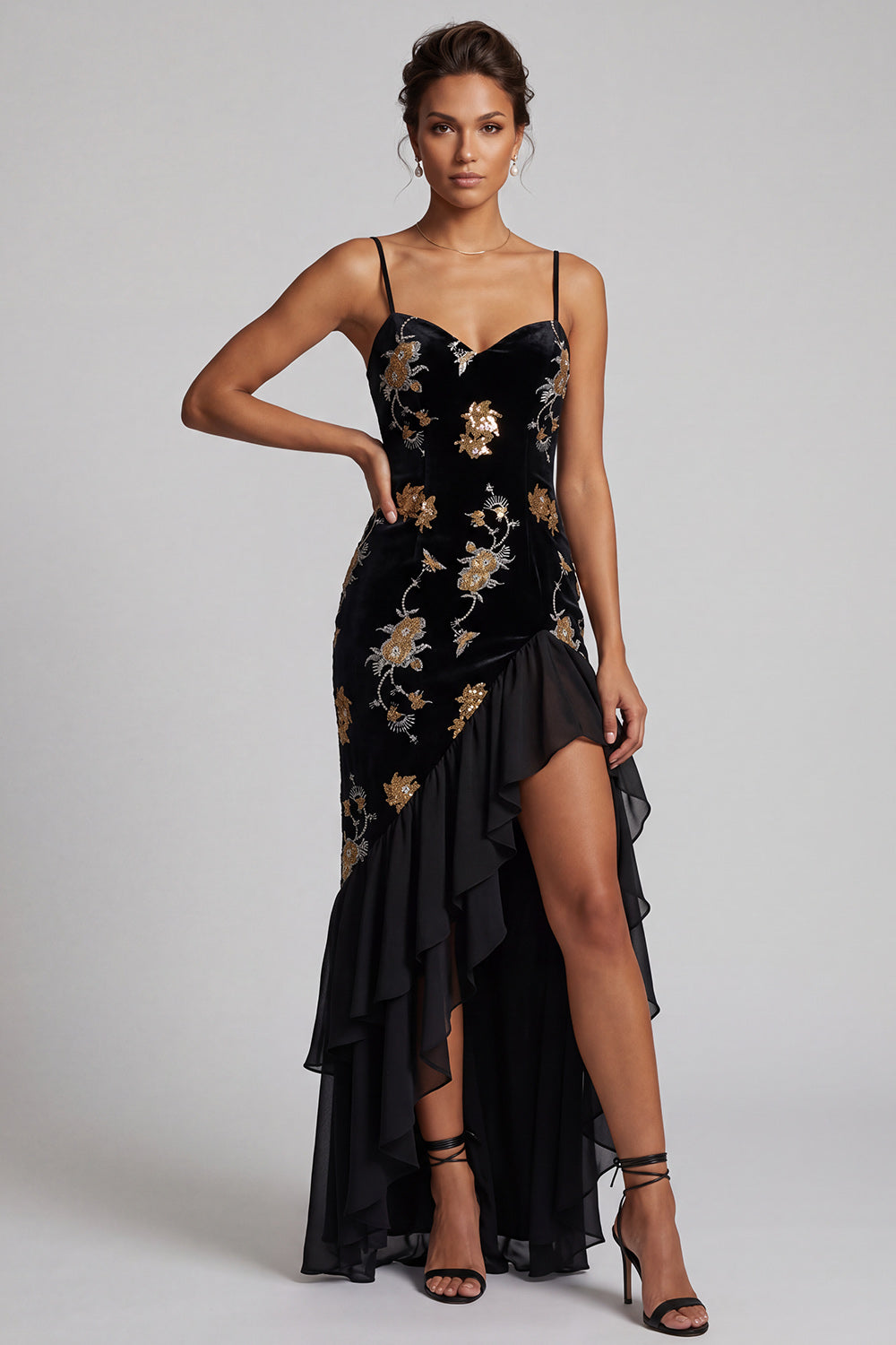Black Floral Velvet Mermaid Sequin High-Low Mother of the Bride Dress with Ruffles