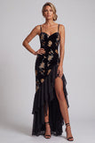 Black Floral Velvet Mermaid Sequin High-Low Mother of the Bride Dress with Ruffles