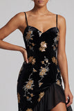Black Floral Velvet Mermaid Sequin High-Low Mother of the Bride Dress with Ruffles
