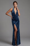 Dark Navy Velvet Mermaid Halter Long Floral Mother of the Bride Dress with Slit
