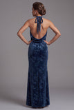 Dark Navy Velvet Mermaid Halter Long Floral Mother of the Bride Dress with Slit