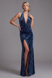 Dark Navy Velvet Mermaid Halter Long Floral Mother of the Bride Dress with Slit