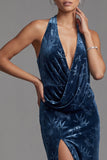 Dark Navy Velvet Mermaid Halter Long Floral Mother of the Bride Dress with Slit