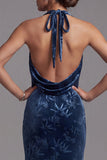 Dark Navy Velvet Mermaid Halter Long Floral Mother of the Bride Dress with Slit