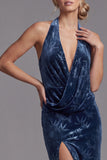 Dark Navy Velvet Mermaid Halter Long Floral Mother of the Bride Dress with Slit