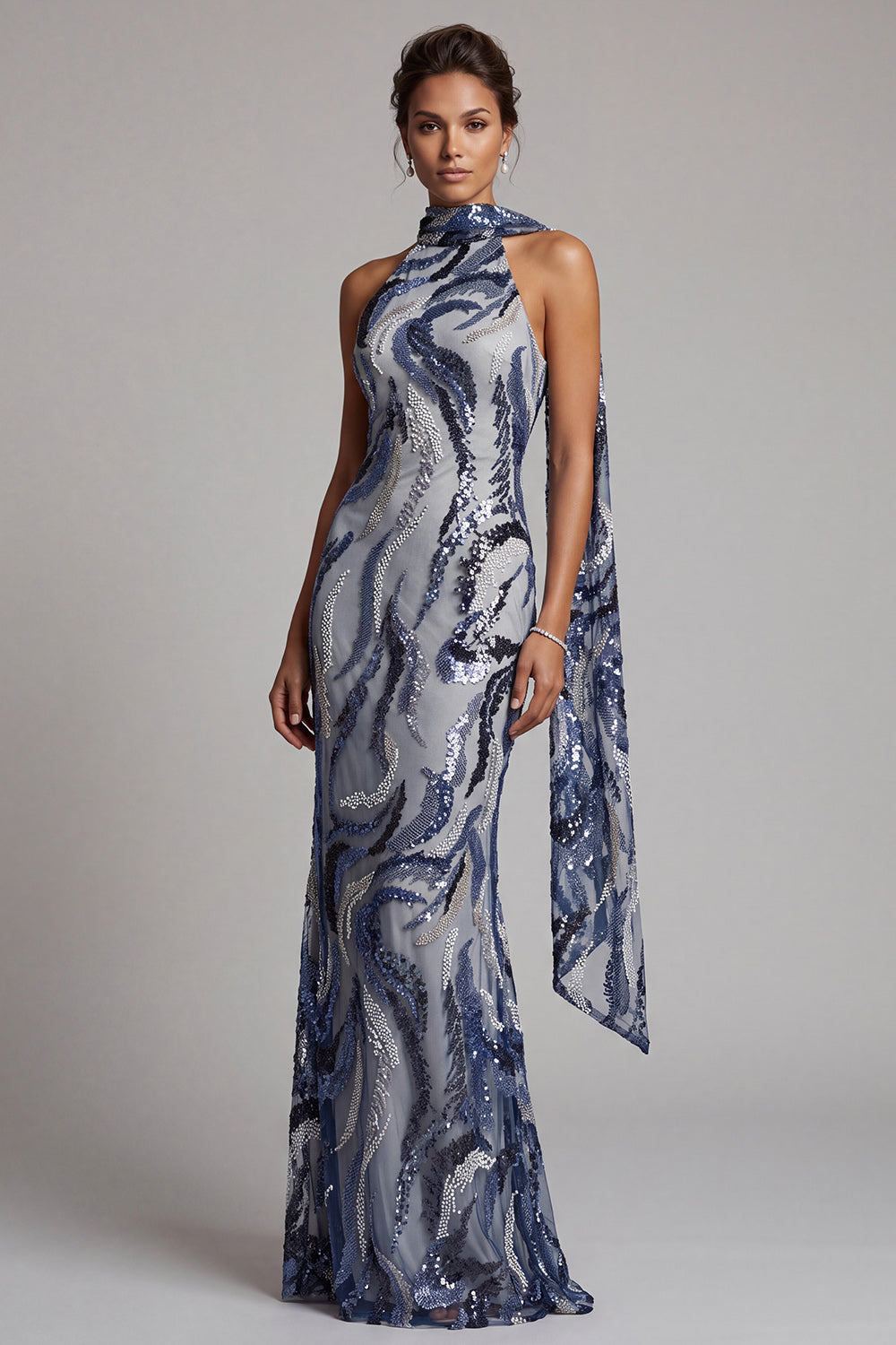 Sparkly Navy Mermaid Halter Sequins Long Mother of the Bride Dress with Sash