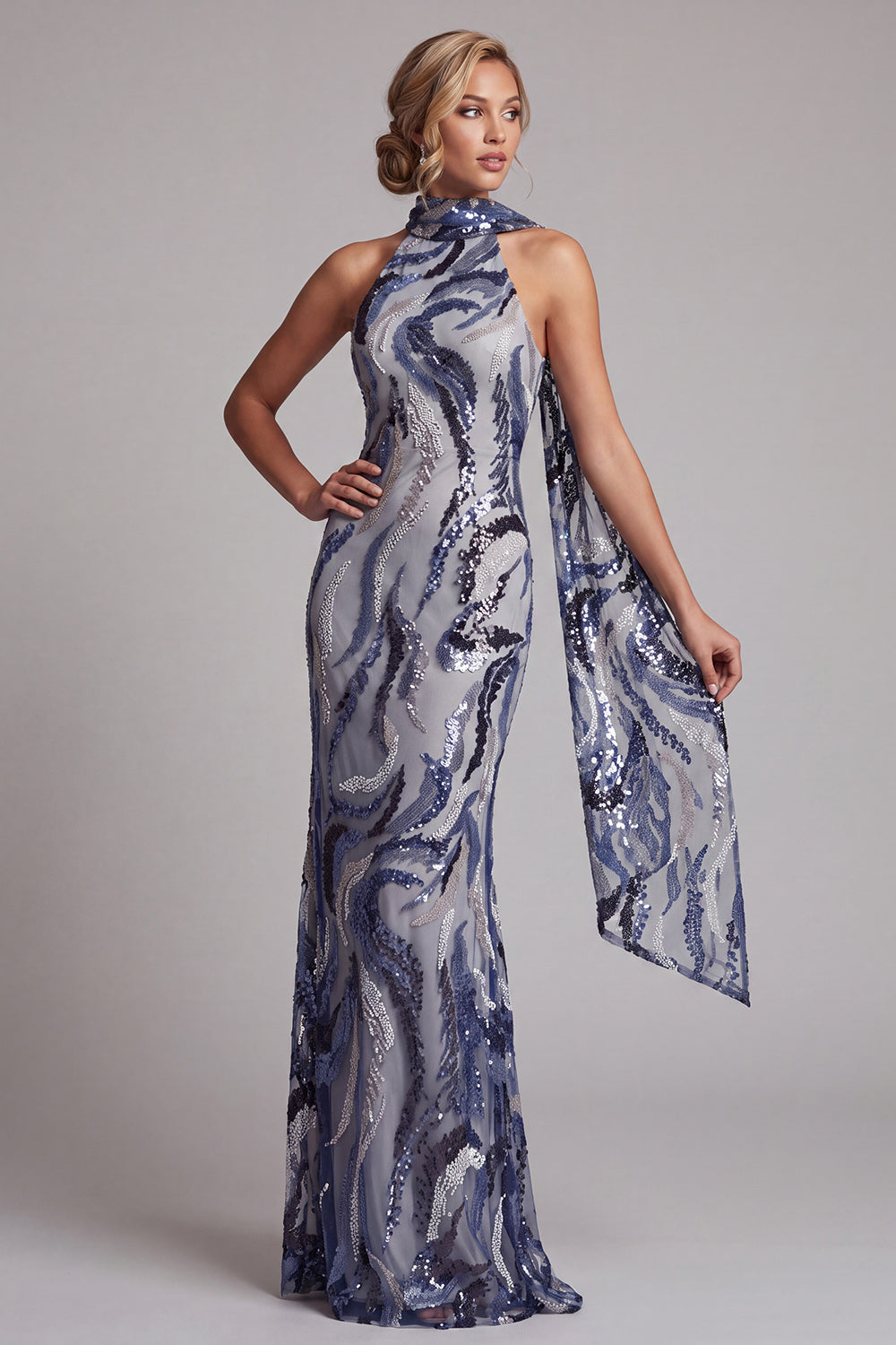 Sparkly Navy Mermaid Halter Sequins Long Mother of the Bride Dress with Sash
