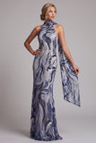 Sparkly Navy Mermaid Halter Sequins Long Mother of the Bride Dress with Sash